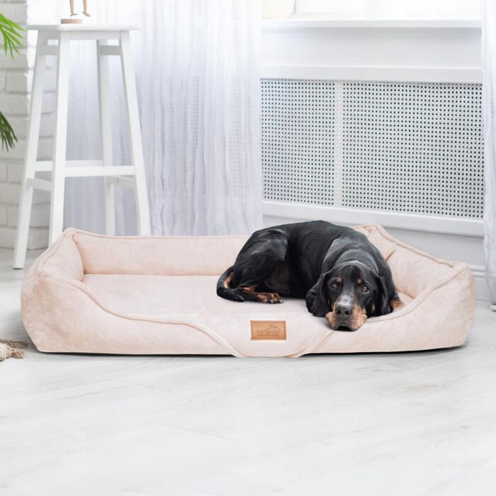 Ортопедичне собаче ліжко Tierlando® Tyson Teddy – м'яке собаче ліжко-софа з знімним чохлом, виймаюча віскоеластична матрацна подушка та ергономічний вхід. Розмір: 130x100 см, колір: кремовий