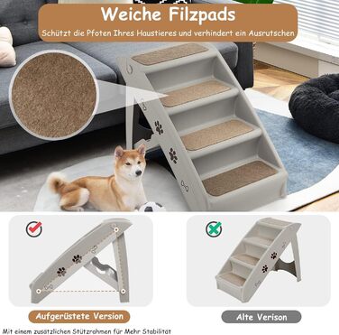 Сходинка для домашніх тварин GYMAX з 4 сходинками, складана, з пластику, з антиковзкими накладками, 4 килимки, трикутна структура, допомога у підйомі для котів та собак (Сірий)