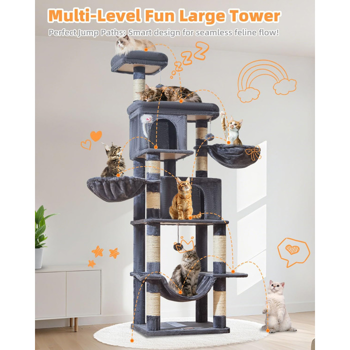 Котячий комплекс Taoqimiao MS044W сірий: 190 см, багатоярусний, з 2 будиночками, гамаками та 8 стовпчиками для дряпання
