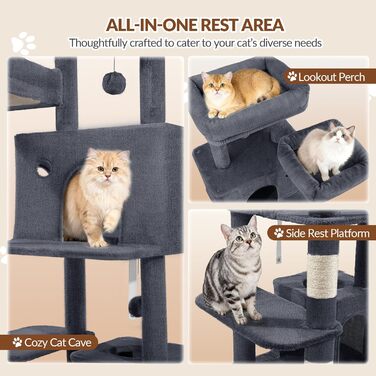 Котячий будиночок Kratzbaum 178 см: стабільний, з дряпальними стовпцями, лежаками та платформами, сірий