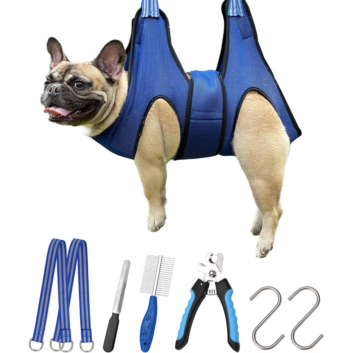 Гамак для грумінгу собак Kkiimatt, обладнання для догляду за тваринами, для середніх та великих собак/котів, набір для стрижки нігтів (кліпер + пилка), широка стрічка, мішок для відходів, блакитний