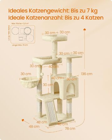 Дерево-кігтеточка для котів Feandrea Kratzbaum — 3 лежанки, будиночок-печера та кошик, висота 136 см, пісочно-бежевий колір