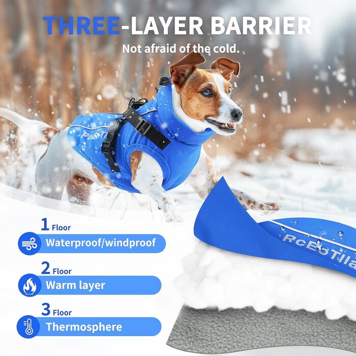 Водонепроникна куртка для собак PceOllar, тепла та вітронепроникна, з світловідбиваючими елементами, для маленьких собак та цуценят, блакитна