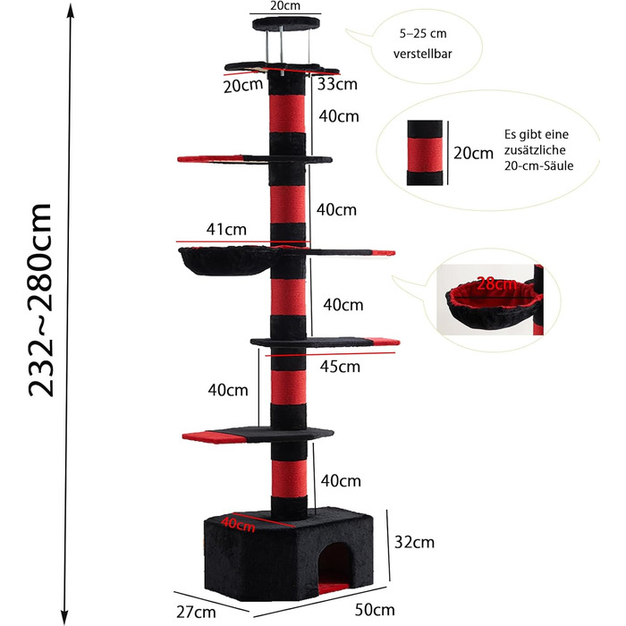 Мекідулу Кігтеточка для котів, 232-280 см, багатоярусна, регульована висота, обмотана чорним оксамитом та червоним сизалем (чорний, червоний)