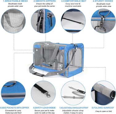 Транспортна сумка для великих котів (до 9 кг), складана переноска для котів або 2 кошенят, м'які стінки, переноска для цуценят зі стабільним ременем, блакитна