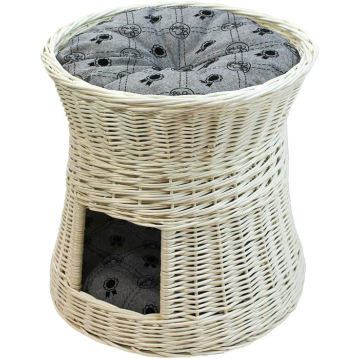 Кігтеточка-ліжко для котів: кругла хатинка з лози, 2 поверхи, білий колір, сірий лежак