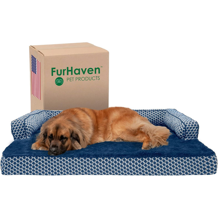 FurHaven Лежанка для собак та котів, плюш та декор, зручна, стилізу під диван, з охолоджуючим гелевим шаром, знімний чохол, блакитний діамант, розмір M (135 x 102 x 27 см)