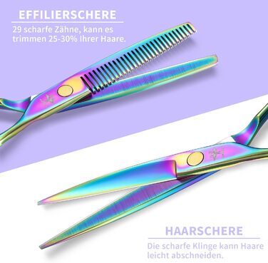 Набір професійних перукарських ножиць PURPLEBIRD (10 шт.) з нержавіючої сталі: перукарські ножиці та ножиці для витончення. Ідеально для барберів, перукарів та початківців. Кольори: райдужні.