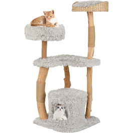 Дерев'яний кігтеточка для котів COSTWAY 124 см з будиночком, м'яким сидінням та платформою, кігтеточний стовпчик з джуту, кігтеточка-вежа для котів, масивне дерево, сірий колір, 3 стовпчики