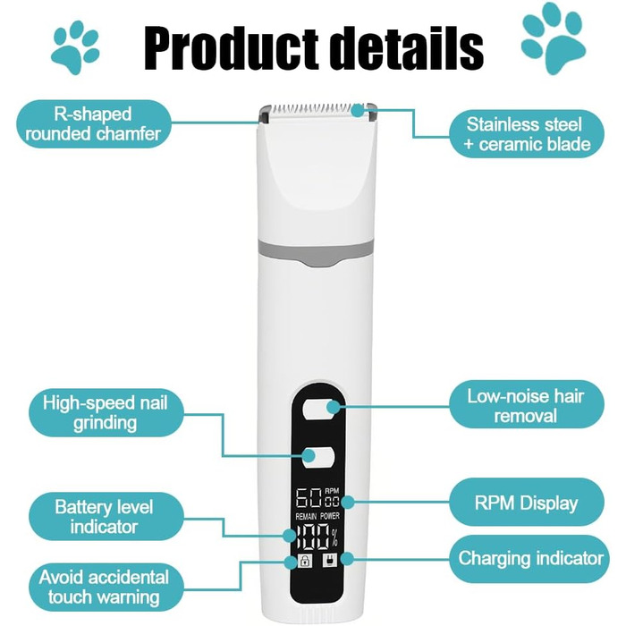 Електричний триммер для собак: LED-підсвітка, сталь, для догляду за лапами, вухами та обличчям