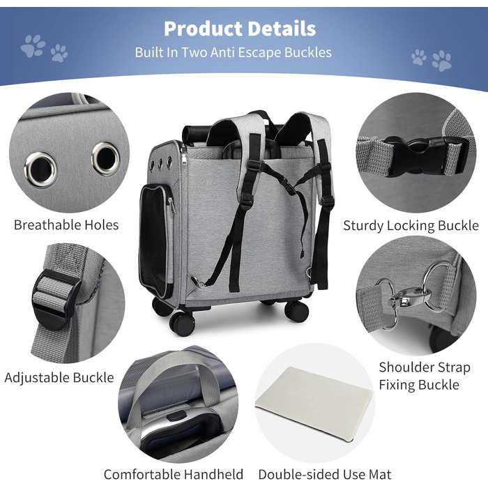 Рюкзак-переноска для кота та собаки PETCUTE з візком 2 в 1 до 11 кг, сірий. Знімний килимок, дихаюча переноска для подорожей з тваринами
