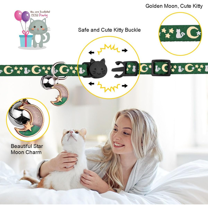 Нашийники для котів зі дзвіночком, світяться в темряві, регульовані, 20-33 см, 2 шт. (7.9-13.0 дюймів, Глибокий зелений & Чорний)