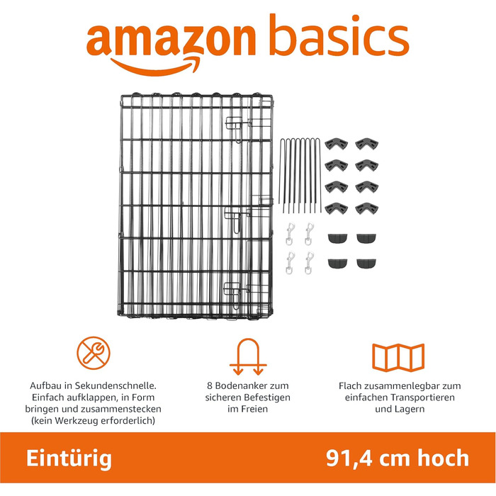 Клітка-вольєр для собак та інших тварин Amazon Basics, металева, складна, з дверцятами, 91 см, чорна