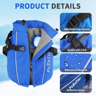 Водонепроникна куртка для собак PceOllar, тепла та вітронепроникна, з світловідбиваючими елементами, для маленьких собак та цуценят, блакитна