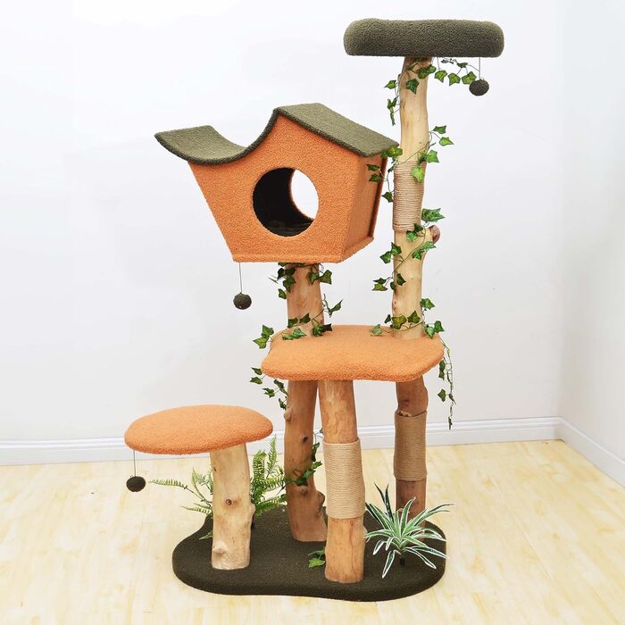 Котячий будиночок з когтеточкою Fudajo з рослинним декором, 154 см. Когтеточка з штучним хутром та деревом, будиночок для котів з іграшками, котячі меблі з платформами