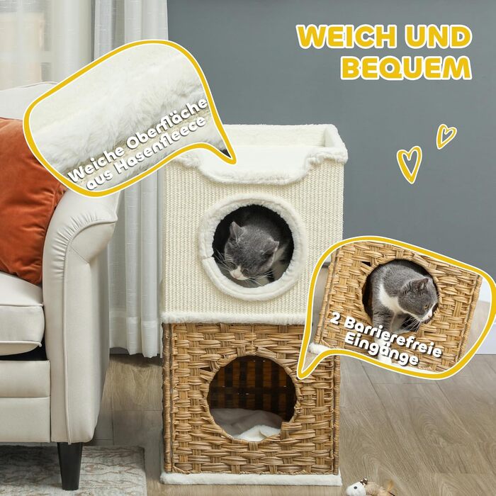 Котячий будиночок PawHut 75,5 см: триповерхова когтеточка з плюшевим облямівкою, подушкою та печереєю для котів середнього розміру, кремово-білий