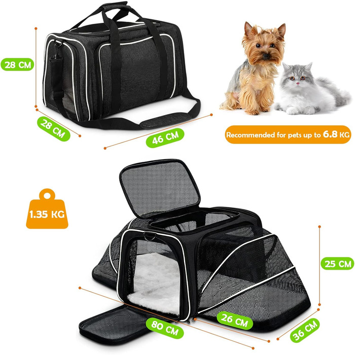 Сумка-переноска для котів і собак ALLSOPETS, складна, чорна, для подорожей, розширювана, транспортна сумка для домашніх тварин, ідеальна для подорожей, походів, кемпінгу