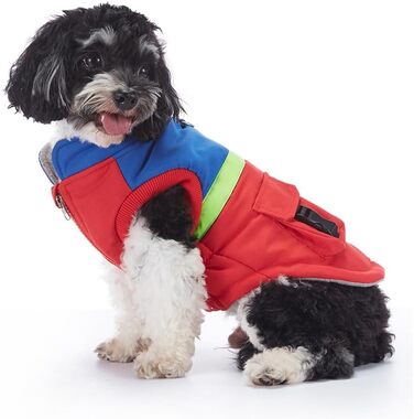 Тепла водовідштовхувальна куртка для собак маленьких та середніх порід. Зігріваючий зимовий одяг для собак з отвором для повідка та кишенями, світловідбиваюча (червоний, синій, S)
