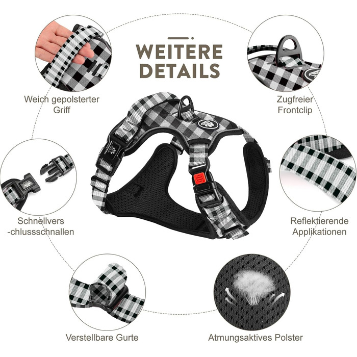 Шлейка для собак середнього розміру FURRYFECTION, антивитягуюча, без обмеження руху, з регулюванням, Oxford ediu (Пlaid, Чорний, M)