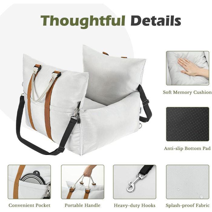 Pawaboo Автомобільний крісло для собак, водовідштовхувальне, з ременями та шнуром безпеки, посилене, сумка для подорожей з м'якою оббивкою, до 11 кг, світло-сірий