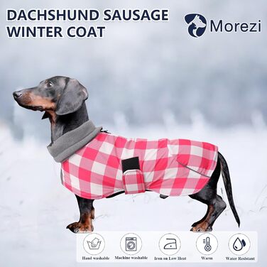 MOREZI Водонепроникна зимова куртка для собак, з флісовою підкладкою, для такс та інших порід, у клітинку рожевого кольору, з регульованим поясом та світловідбиваючими елементами, розмір XS (довжина спини 29-32 см)