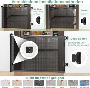 Захист для сходів з замком, висувний захист для дітей та собак, 150 см ширина, 83 см висота, автоматична засувка, чорний (140 см, без свердління)