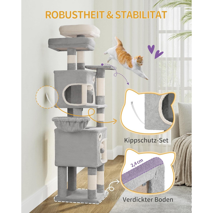 Драбина-кіготь Hzuaneri для котів, 159 см, 8 стовпчиків, 3 платформи, 2 хованки, кошик, плюшеві кульки, мотузка з сизалю, підходить для котів різних розмірів, сірий MS15918LG L (50 x 40 x 159 см)