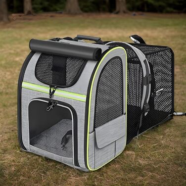 Транспортна сумка для тварин: переноска для котів та інших домашніх улюбленців. Розширювана, дихаюча, складна, для подорожей, прогулянок, транспортування. Сіра з зеленими вставками