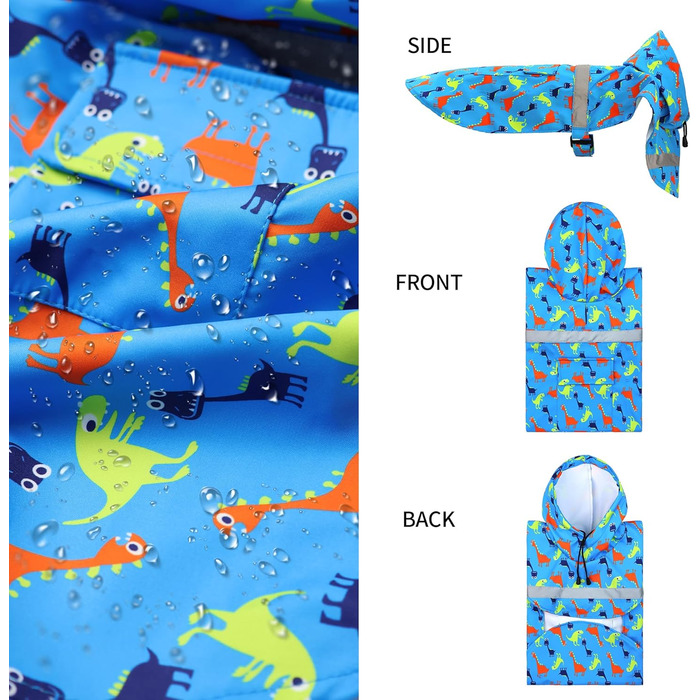 Дощовик для великих собак NACOCO, регульований, динозавр, водонепроникний, одяг, легка дощова куртка, пончо з капюшоном та смугами, світловідбиваючий, блакитний (розмір M, блакитний динозавр)