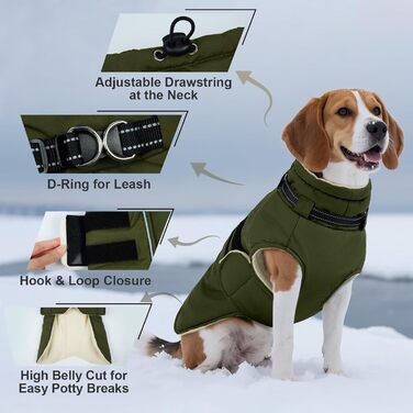 Зимова куртка для собак IECOii, водонепроникна, регульована, з світловідбиваючими елементами, військовий зелений (M)