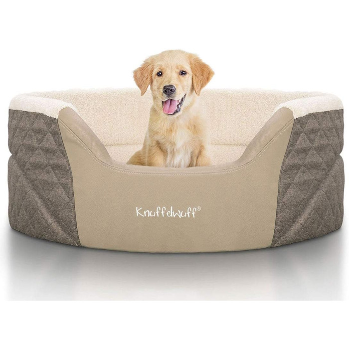 Ортопедичне собаче ліжко Knuffelwuff Lena з велюру та штучної шкіри XL 90 x 66 см, коричнево-бежеве, з неслизьким дном, легко мити