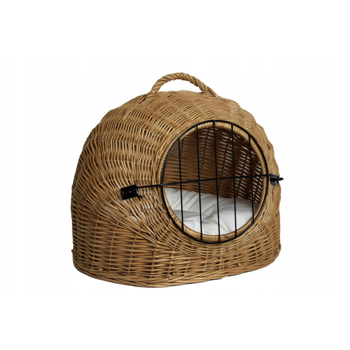 Великий плетений кошик-переноска BUDA для котів: лежанка з подушкою, колір екру