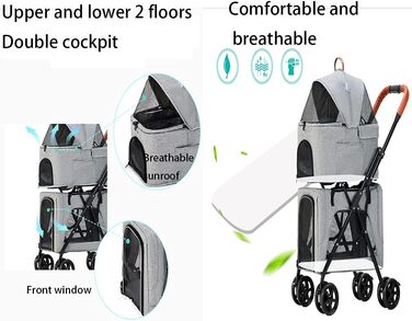 Двоповерховий візок для домашніх тварин, багатофункціональний 3-в-1, візок для котів, складаний візок для собак, для маленьких собак, легко складається, з переднім доступом, візок для 2 собак (сірий, розмір B)