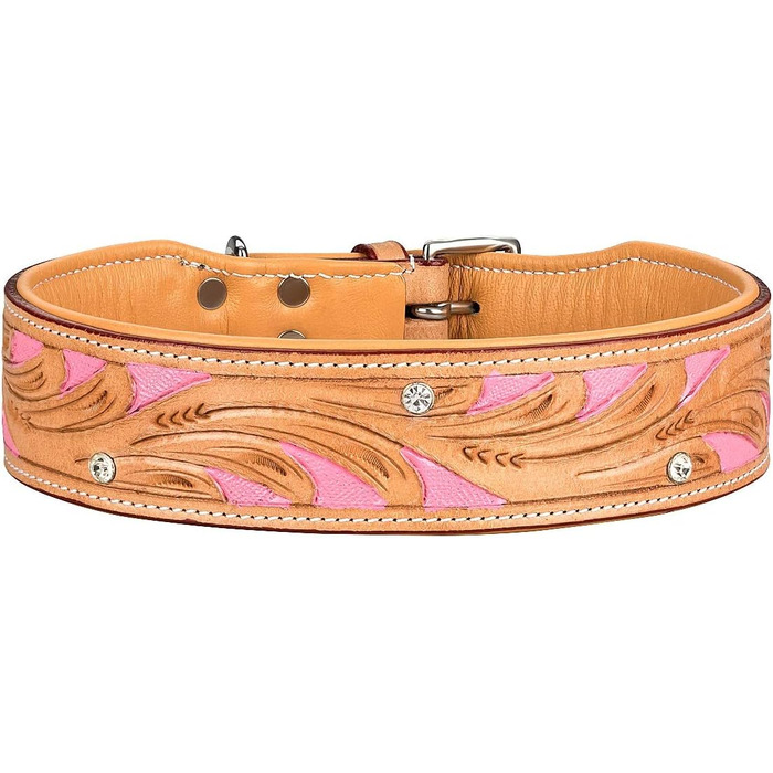 Нашийник для собак Pinklady Leder: шкіряний нашийник для собак, бежевий, карамельний, коричневий, рожевий, з декоративними елементами та стразами, обхват 35-43 см