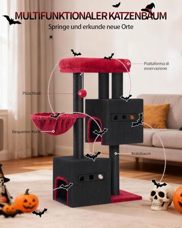 Дерево для кігтів Hzuaneri, 98 см, зі стійкою основою, з лежаком, будиночком для котів, сизалевими стовпчиками, кошиком та іграшками, меблі для котів, ігровий комплекс, MS07618LG (55 x 30 x 98 см, Чорний/Червоний)
