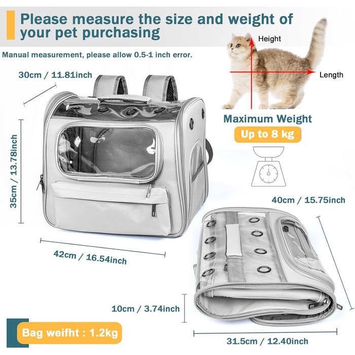 Розширюваний рюкзак для котів та маленьких собак Onebarleycorn, рюкзак-переноска для котів, сірий, до 8 кг