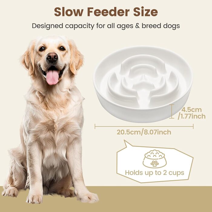 PETTOM Миска для собак протиковтання, кераміка, Ø 21 см, для великих та малих собак, Slow Feeder, білий