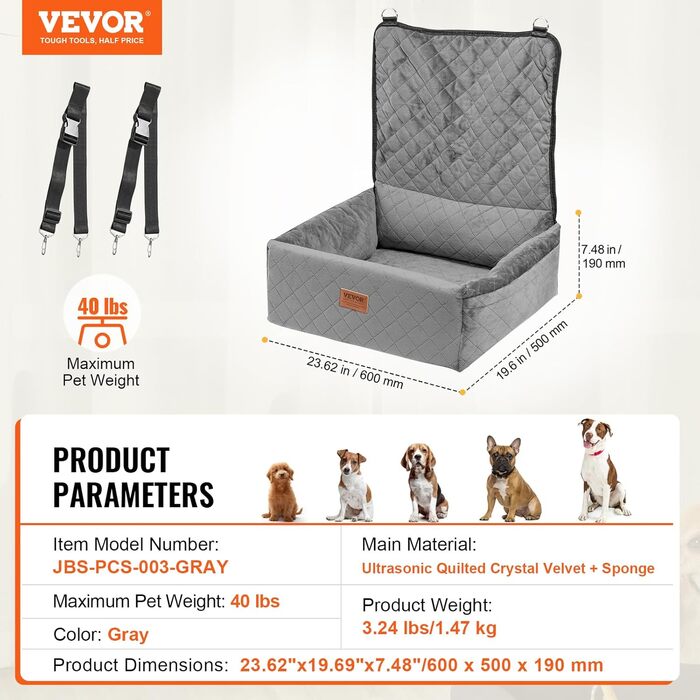 Автокрісло для собак VEVOR - підйомник для собак у машину з кишеню, страхувальний поводок, наповнювач з губки та PP-бавовни, автоліжко для собак малого та середнього розміру до 18 кг
