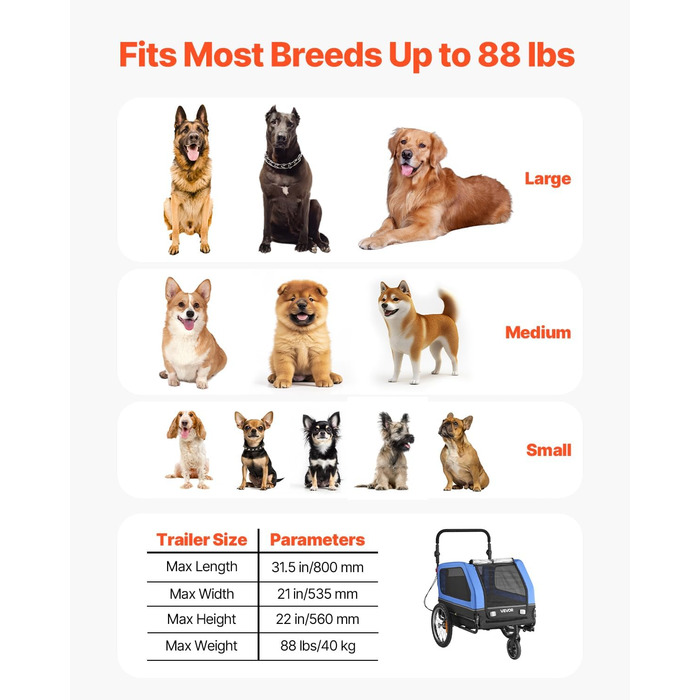 Причіп для собак VEVOR до 40 кг, 2-в-1, для маленьких та великих собак, з розкладним каркасом, універсальний з'єднувач, з прапорцем, внутрішній поводок, 1380x755x800 мм