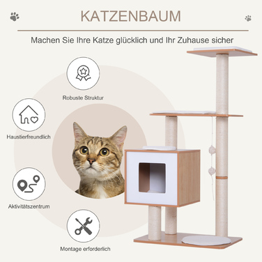 PawHut Cat Tree Натуральне дерево з оббивкою Cat Cave Сизалева колона Лежача поверхня Ігрове дерево для кішок 71,5 x 49,5 x 120 см