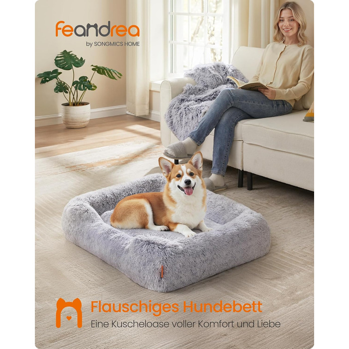 Ліжко для собак Feandrea, 71 x 55 x 18 см, м'яке, з піднятими бортиками, знімний чохол, колір Ombré Grey