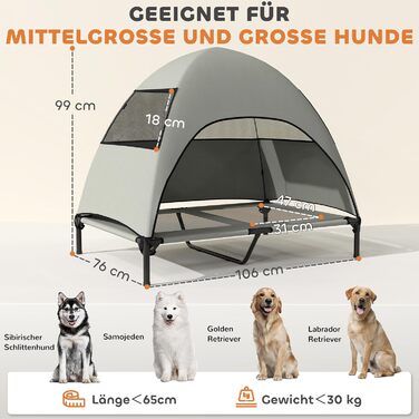 Лежанка для собак PawHut Outdoor з дахом, підняте ліжко для середніх собак, прохолодне місце для тварин з миючим каркасом з сітки та сталі, переносна сумка, ліжко для собак на вулицю, кемпінг, 76x61x71cm, (L 106 x B 76 x H 99 cm, світло-сірий)