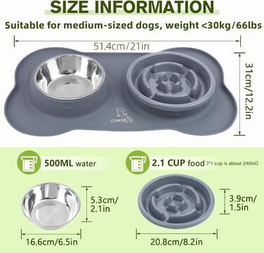 Набір мисок для собак та котів Pecute 3-в-1: миска для їжі, миска для води, Slow Feeder для собак середніх порід, нержавіюча сталь, силіконове покриття, набір мисок для тварин