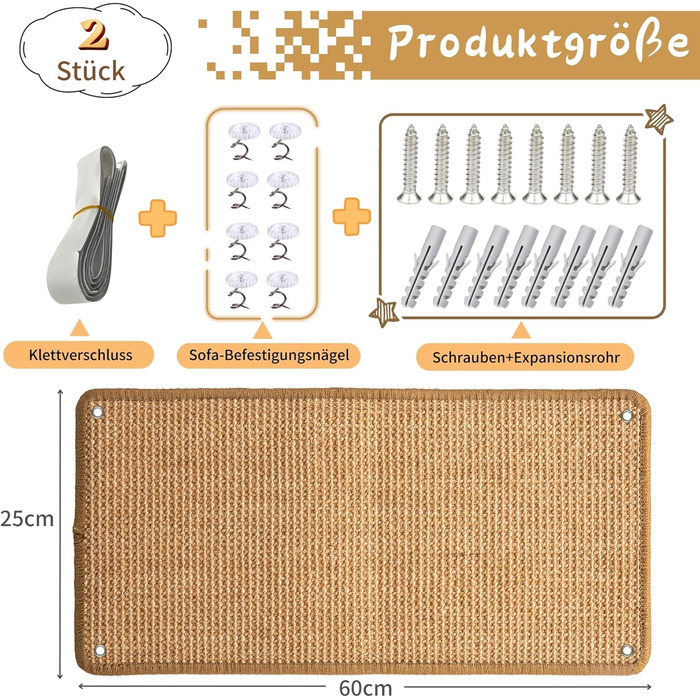 Килимок для котів JanYoo від подряпин, 60x25 см (2 шт., коричневий). Захист від подряпин для диванів, меблів та дверей. Килимок для котів з сизалю.