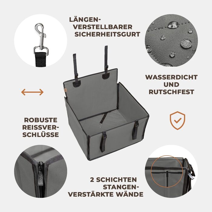 Автокрісло для собак WUGLO Extra Stabiler - надійне автокрісло для собак маленьких та середніх порід, сіре, водонепроникне