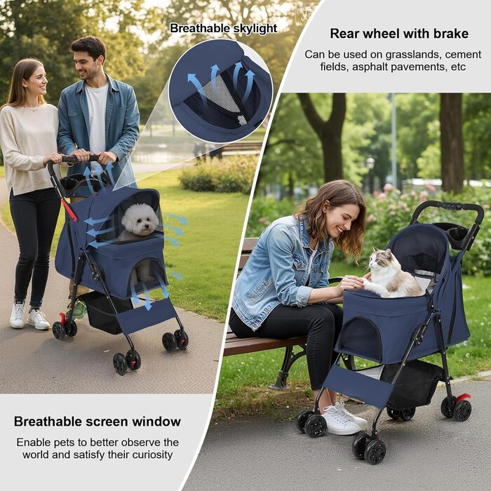 Складаний візок для тварин та дітей з обертовими колесами 360°, кошиком для зберігання, міцним металевим каркасом та дихаючими сітковими віконцями – портативний переносник для котів та собак до 22 кг (Блакитний)