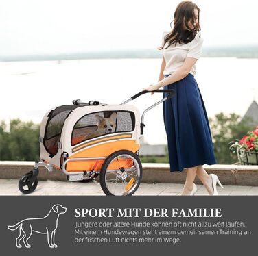 Причеп-трансформер для собак 2-в-1 для велосипеда та бігу – для собак до 30 кг, з гальмами, сигнальним прапором, для активного відпочинку та дому, легкий у збиранні (Помаранчевий)