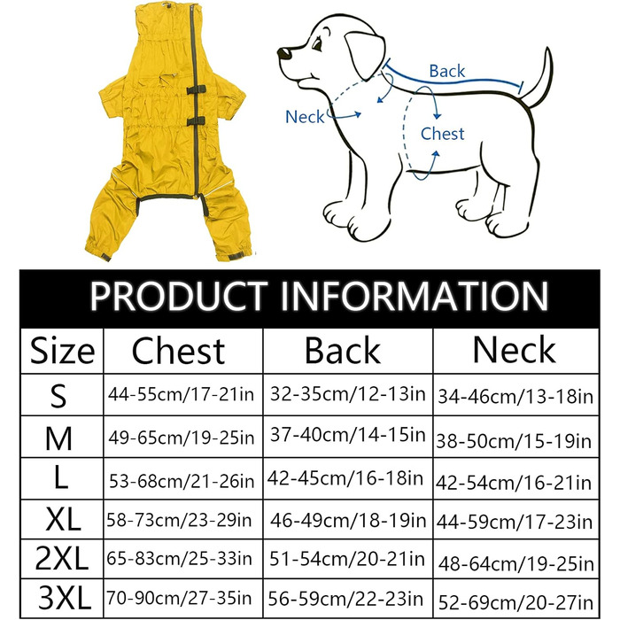 Жовтий дощовик для собак MOREZI з високим коміром, набір з водовідштовхувальним дощовиком, світловідбиваючими смугами та блискавками, підходить для всіх порід собак, великий розмір (довжина спини: 42-45 см)