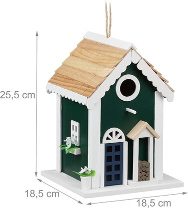 Будинок для птахів Relaxdays, годівниця для диких птахів, для підвішування, розміри 25,5 x 18,5 x 18,5 см, дерев'яна пташня, багато кольорів