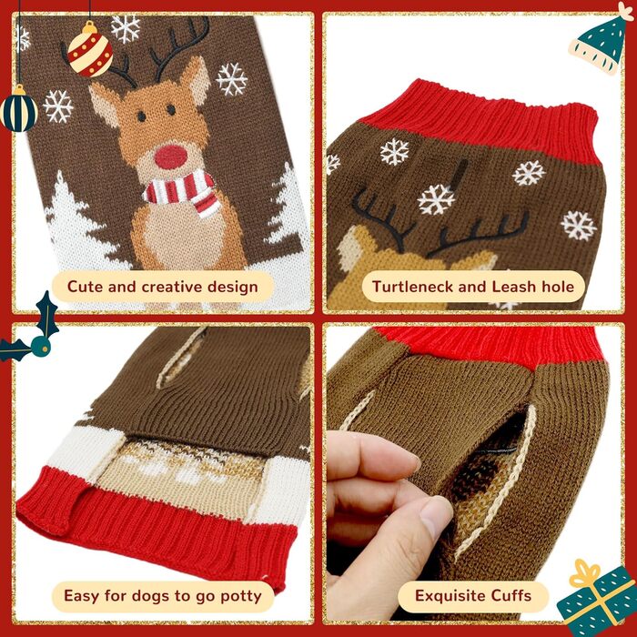Пуловер для собак у стилі вінтаж, теплий і святковий: Різдво, Хелловін, Олень. Підходить для дрібних, середніх та великих собак (X-Large, коричневий)